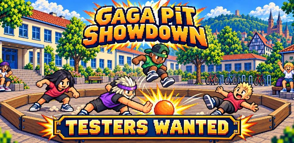 Gaga Pit Showdown - pixel-art kids diving and dodging a ball inside a wooden gaga pit on a schoolyard