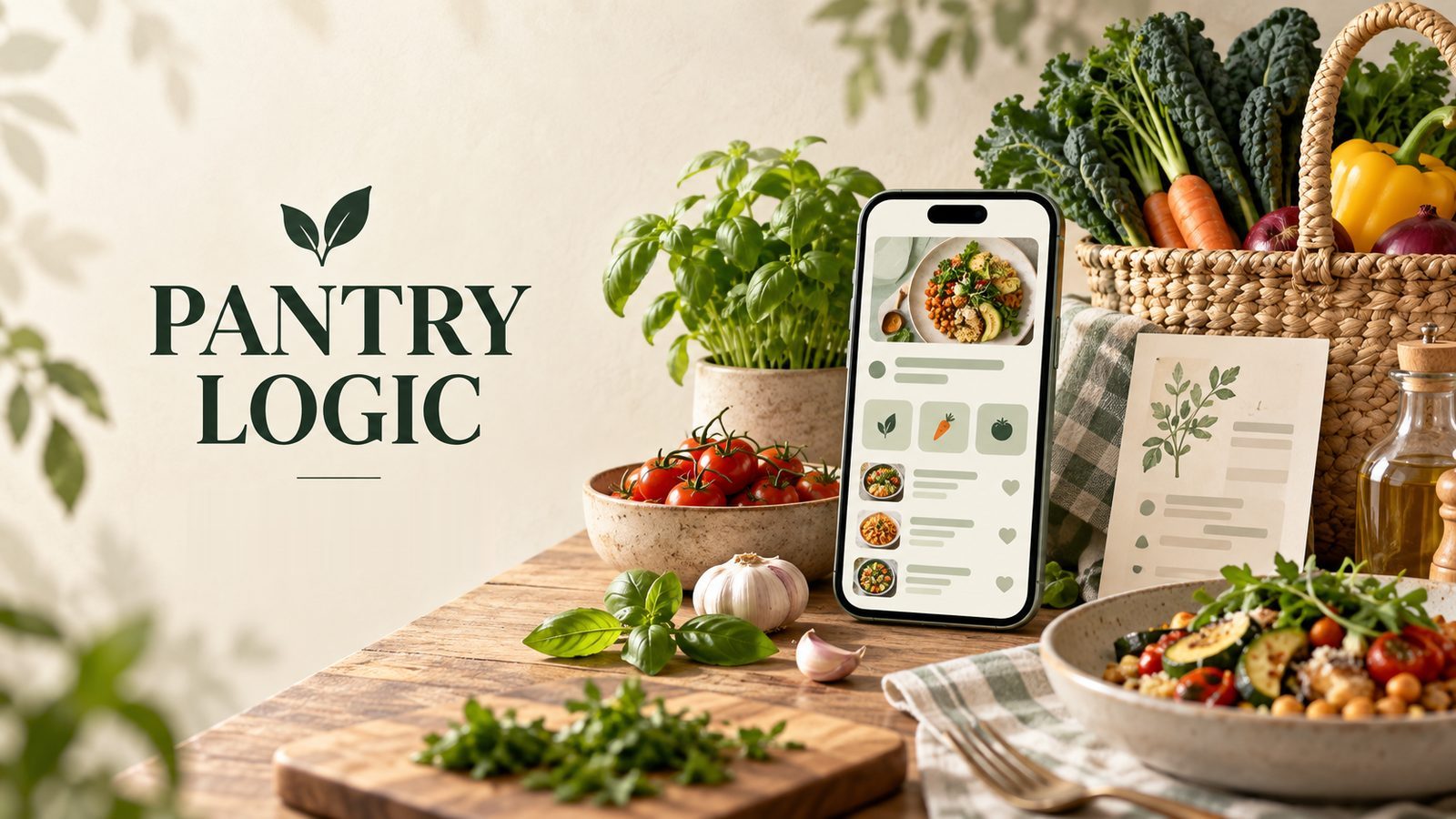 Pantry Logic - a phone showing recipe cards, beside fresh vegetables and herbs on a kitchen table