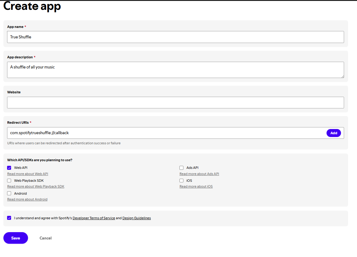 Create app form with all fields filled in