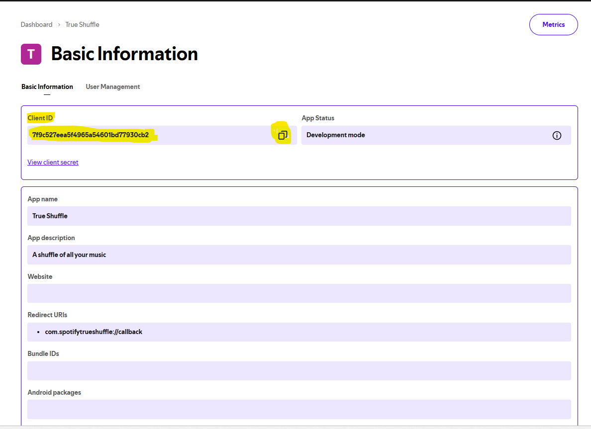 Basic Information page showing the Client ID highlighted